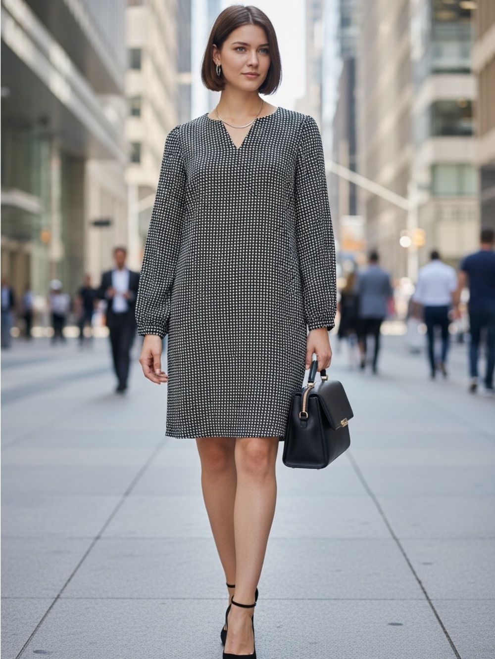 Lila Rose Sz 2 Black and White Long-Sleeve Notch-Neck Shift Dress